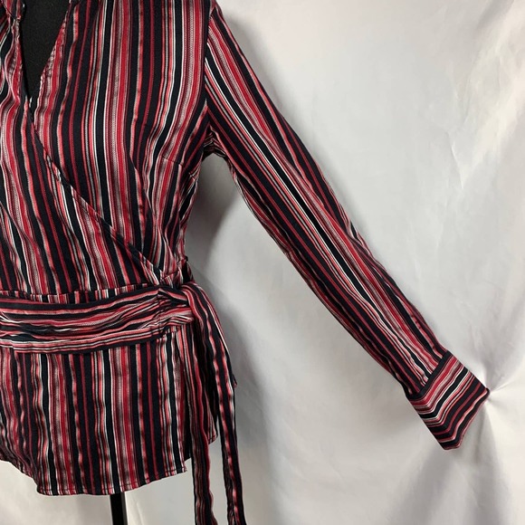 Apt. 9 Red Black Stripe V Neck Tie Waist Long Sleeve Faux Wrap Blouse Size M - Picture 6 of 8